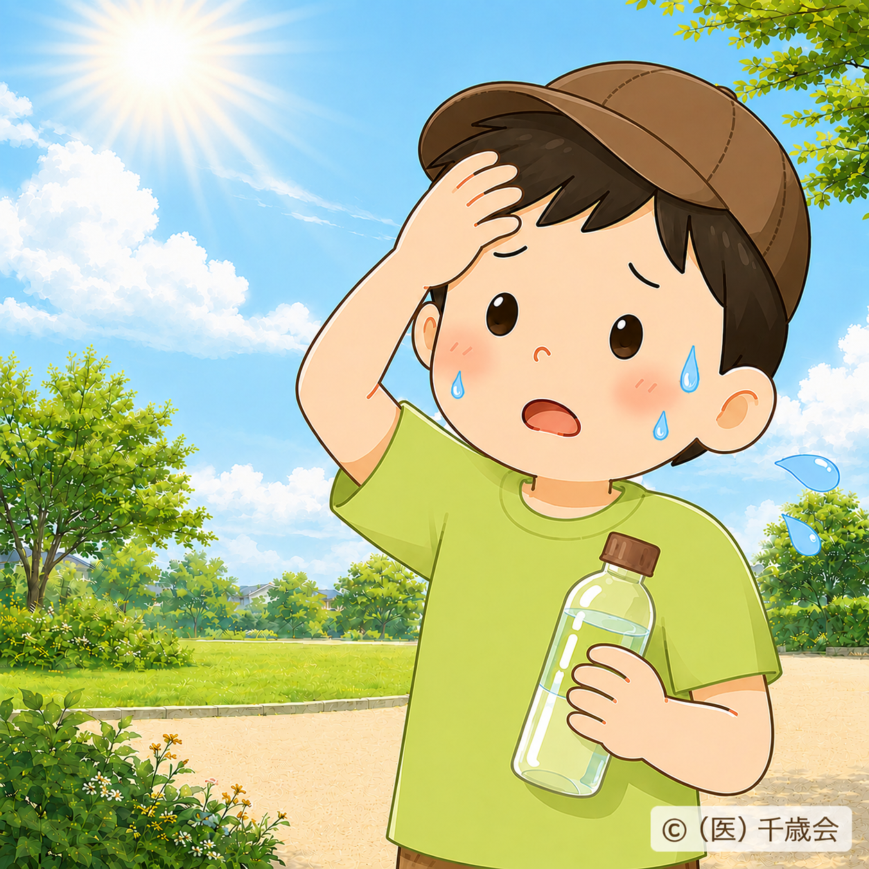暑さで汗をかき、水分補給をしようとしている子どものイラスト